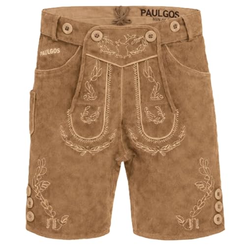 PAULGOS Herren Trachten Lederhose HK1 + Träger, Echtes Leder, Größe 48, Hellbraun