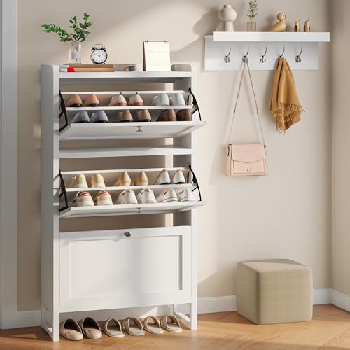 YITAHOME Schuhschrank, Schuhkipper Schmal Weiss mit 3 Klapptüren und Garderobe 5 Haken, 60x25x130cm, Verstellbares Regal Schuhschrank für Flur Wohnzimmer, Geeignet für Hohe Absätze