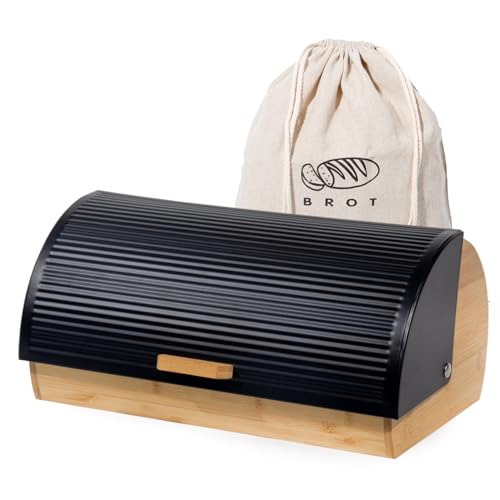 GREELUE Brotkasten Metall Holz, Brotbox Schwarz, Brot Aufbewahrungsbox groß, Brotkorb mit Deckel, Bread Box Küche, Brotbeutel (Schwarz-39cm)