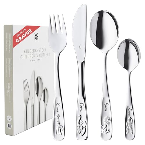 WMF Kinderbesteck mit Namensgravur,Edelstahl, 4-teilig, spülmaschinengeeignet – Geschenk zur Taufe, Taufgeschenke für Mädchen und Jungen, Kinderbesteck mit Gravur