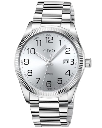 CIVO Silber Herrenuhr Leicht Lesbar: Edelstahl Analog Großes Zifferblatt Wasserdicht - Geschenk für Senioren mit Sehschwäche