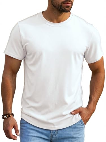 Runcati Herren T-Shirt Rundhals Oberteile Männer Sommer Kurzarm Vintage Tee Tops Basic Einfarbig Lockere Tshirts Sport Freizeit Shirts Weiß L