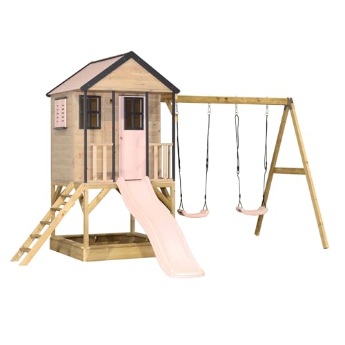 Wendi Toys M60 Stelzenhaus mit Rutsche und Doppelschaukel, Spielhaus aus FSC-Holz für Kinder Garten Outdoor, Podesthöhe 90 cm, 290×405×242 cm, mit 175 cm Rutsche, Sandkasten (Pastellrosa)