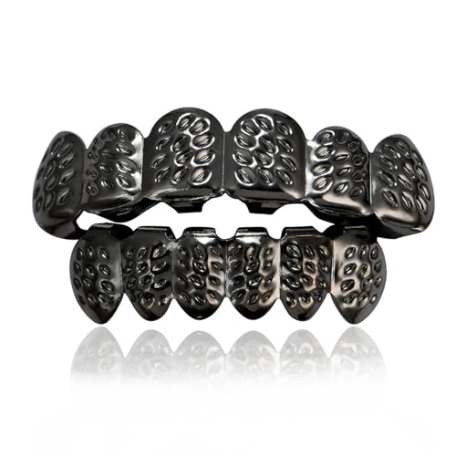 18K Gold Plattierte Hip Hop Zahn Grillz, 6 Zähne Ober- und Unterteil, Set für Männer Frauen(Black,Set)