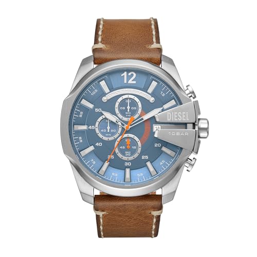 Diesel Herrenuhr Mega Chief, QuarzChronographenwerk, 51mm Silbernes Edelstahlgehäuse mit Lederarmband, DZ4458