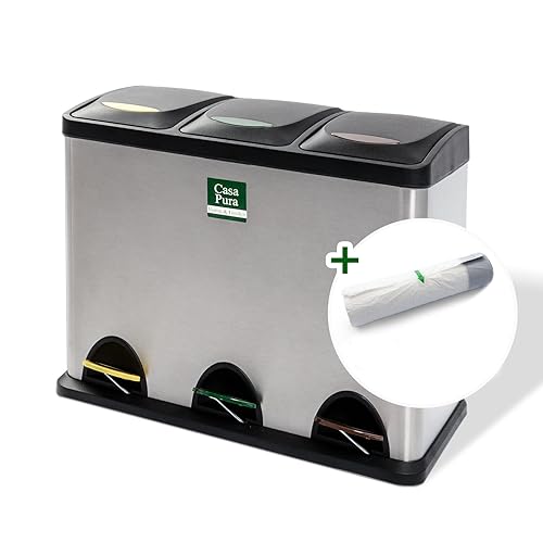 Floordirekt Mülleimer 2 oder 3 Fächer 24 L aus Edelstahl für Haushalt inkl. 15 Müllbeutel | Abfalleimer Mülltonnenbox 3er für Küche 3 Kammer je 8 Liter für Papier, Biomüll, Plastik 60,5x34,5x56,5cm