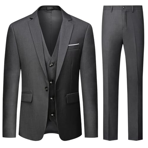 Allthemen Herren Anzug 3 Teilig Herrenanzug Slim Fit 1 Knopf Anzüge Hochzeit Business Sakko Weste Hose Grau M