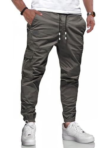 LIUPMWE Herren Hose Chino Cargo Hose Jogginghose Herren Baumwolle Casual Sweatpants Freizeithose Elastische Pants Taille mit Kordelzug Taschen,L,Grau-NEW