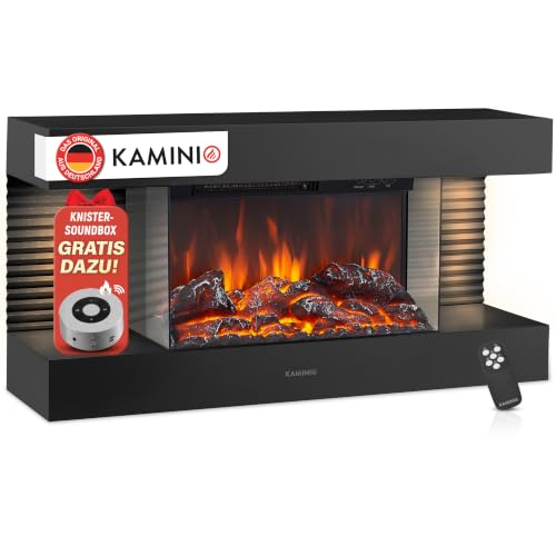 KAMINIO Elektrokamin Liz - Elektrischer Wandkamin mit Heizung, 3D-Flammeneffekt, LED-Ambientelicht, Fernbedienung (Schwarz)