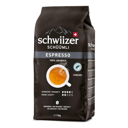 Schwiizer Schüümli Espresso, 100% Arabica Kaffeebohnen, kräftig-intensiv, ideal für Vollautomaten, Stärke 4/5, mittlere Röstung, Rainforest Alliance, 1kg
