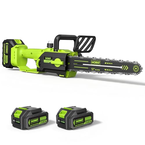 WORKIT Akku-Kettensäge 30 cm, bürstenlose elektrische Kettensäge, Leistung, 2 x 4,0 Ah Akkus, automatischer Ölung, Kettenbremse und werkzeugloser Kettenspannung für Garten, Baumschnitt und Brennholz