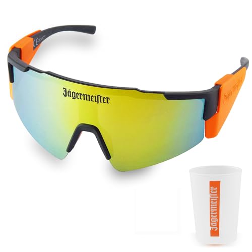Jägermeister Originale Sonnen-Brille schnelle Brille Ski Sonnenbrille grün orange mit Logo und Schriftzug Kunststoff-Probierbecher