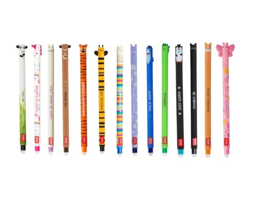 LEGAMI Set mit 14 radierbaren Gelstiften mit thermoempfindlicher Radiertinte, verschiedene Tintenfarben und Schaftdesigns, 0,7 mm Spitze, Tiermotive