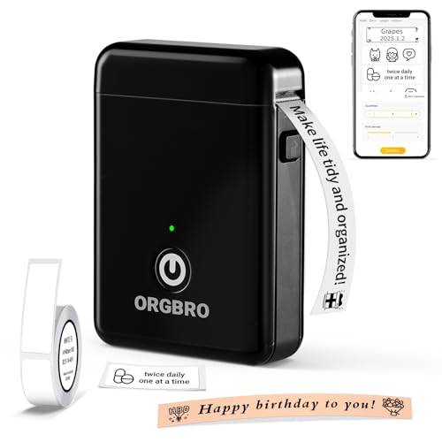 ORGBRO X1 Etikettendrucker, Etikettiergerät Mini Bluetooth Thermal Labeldrucker Selbstklebend Beschriftungsgerät, Tragbarer Label Maker für iOS/Android, Etikettiermaschine für Zuhause, Büro (Schwarz)