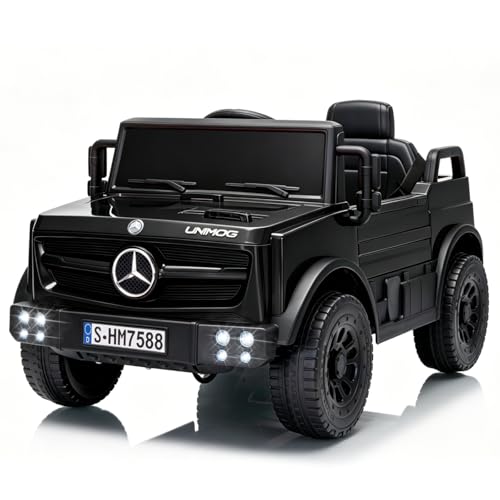 TCARAIWEN Kinderauto Elektro Mercedes-Benz Unimog Lizenz, 12V Elektroauto für Kinder 3-6 Jahre, Kinderfahrzeug mit Fernbedienung, 3-Punkt-Gurt, Bluetooth, 5 km/h (Schwarz)