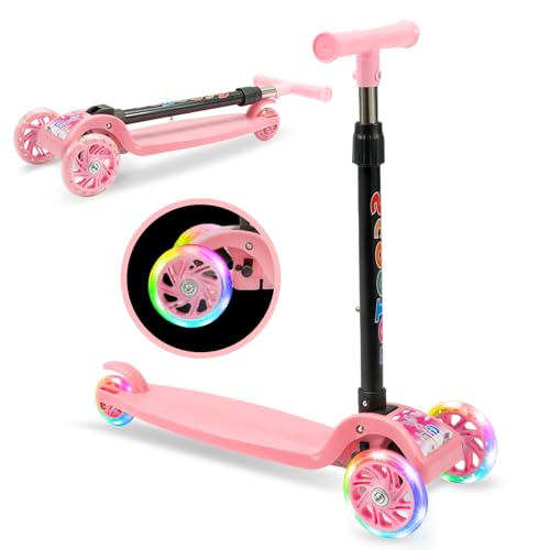 ARATERVIO Faltbarer Kinderscooter 3-Rad mit LED Leuchträdern – höhenverstellbarer Tretroller mit leuchtenden Rollen, Stabiler Kinderroller für Jungen & Mädchen, Kinderfahrzeuge mit Leuchtfunktion
