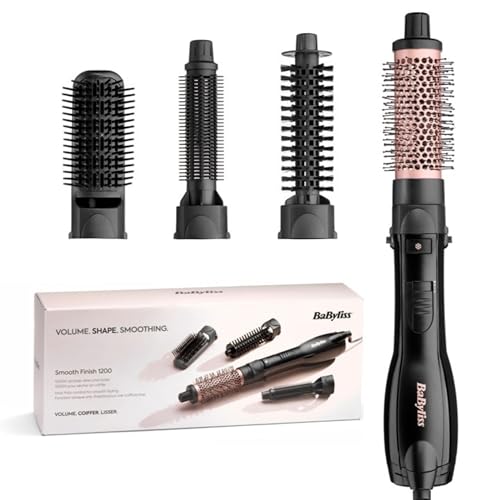 BaByliss Smooth Finish 1200 – 4‑in‑1 Warmluftbürste zum Trocknen, Formen, Glätten & Volumenstyling, Ionen‑ & Keramiktechnologie, 4 Aufsätze, 1200W, Schwarz/Pink, AS122E