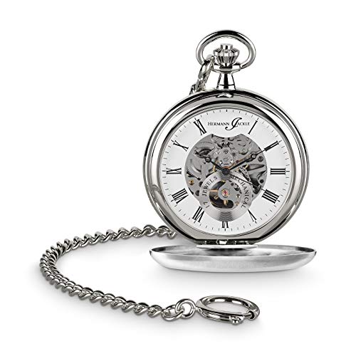 Hermann Jäckle Heidelberg Taschenuhr Herren Skelett 50mm – Mechanische Handaufzug Uhr mit Double Hunter Gehäuse (2 Deckel), Mineralglas, Kette & Reiseetui, Vintage Pocket Watch mit römischen Ziffern