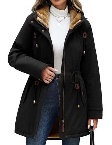 CMTOP Winterjacke Damen Wasserdicht Warme Kordelzug Parka Fleece Gefüttert Wintermantel mit Kapuze Lässiger Dicke Kapuzenjacke Winddicht Zip Outdoorjacke mit Taschen(Schwarz, L)