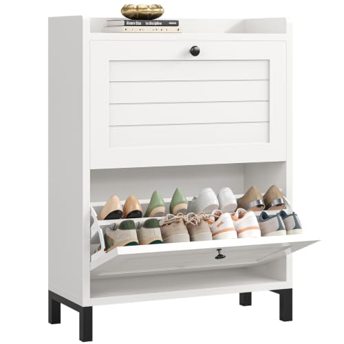 AOGLLATI Schuhschrank Schmal, Schuhkipper mit 2 Klappen, Holz, Weiß