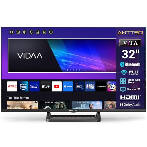 Antteq Smart TV 32 Zoll Bluetooth (Fernseher 80 cm) mit Mittelfuß,Voice Remote Control,HD,Triple Tuner(DVB-T2/S2/C),App Store,DAZN,UVM,WLAN,Hotelmodus (V32-AH3Q1L-BT)