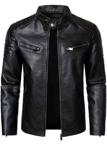 HOOD CREW Herren Kunstleder Motorradjacken Stehkragen Lederjacke Vintage Mäntel Jacken für Männer Schwarz M