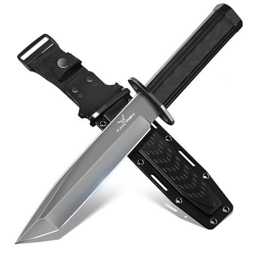 TAN REN Outdoor Messer Survival mit Kydex-Scheide,Scharf und Langlebig,D2-Stahl Monoblock Feststehklinge und Ergonomischer Vollerl Griff,Bushcraft Messer Für Camping und Jagd,Schwarz
