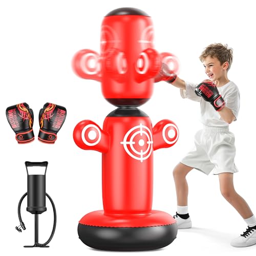 QPAU 360° Drehbarer Boxsack Kinder ab 6-14 Jahre, Stehend 64 Zoll Boxen Kinder mit Handschuhen, Handpumpe & 6 Zielen, Punchingball Aufblasbares Boxspielzeug, Karate Geschenke (Rot)