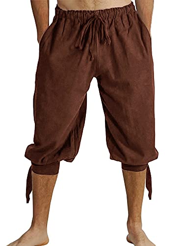 Runcati Kurze Hosen Herren Pluderhose mit Schnürung Wikinger Sommerhose Pirat Mittelalter Kostüm Freizeit Strand Shorts, Braun, L