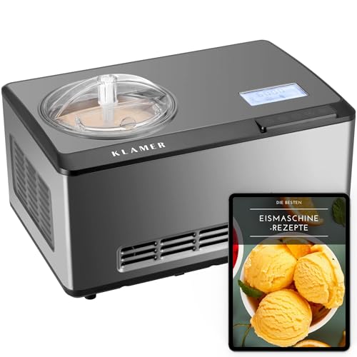 KLAMER 2-in-1 Eismaschine & Joghurtbereiter 2 L, 180 W Eiscrememaschine aus Edelstahl mit Kühl- und Heizfunktion, hausgemachtes Speiseeis mit selbstkühlendem Kompressor, mit digitalem Rezeptbuch