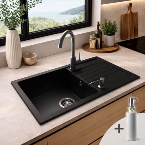 ANGEBOT: LINDBERGH® Granit Spüle + kompl. Siphon und Seienspender, Einbauspüle Küchenspüle Spülbecken - Verbundstoffe MADE IN GERMANY (1. PRO11 Schwarz)