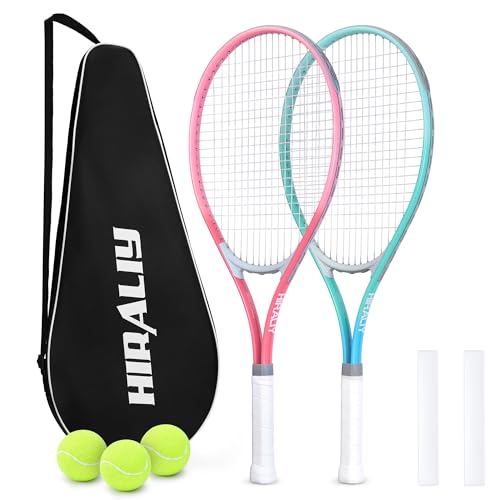 HIRALIY Tennisschläger-Set für Erwachsene, 68,6 cm, vorbespannte Tennisschläger für 2 Spieler, 2 Overgrip-Bänder, 3 Bälle und 1 Tragetasche, Outdoor-Freizeitsport für Anfänger (rosa/grün)
