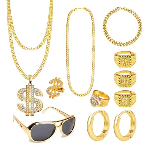 11 Stück Zuhälter Kostüm Gold Digger Dollar Kette Rapper Goldfarbenekette 80er 90er Hip-Hop Mottopartys Karneval Retro Halloween Maskerade Geburtstagsverkleidungen