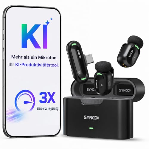 SYNCO SMICT KI Funkmikrofon für Android, Kabelloses Lavalier Mikrofon mit Echtzeit Übersetzung, AI App, Geräuschunterdrückung, USB-C, 2 Sender für Vlog, Streaming, Interview