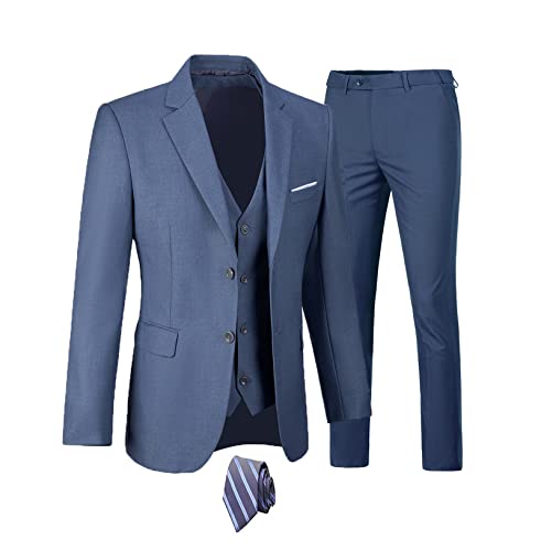 Furuyal Herren-Anzüge, 3-teilig, schmale Passform, Anzug-Set, Zwei Knöpfe, Hochzeit, Business, Smoking, solide Blazer, Jacke, Weste, Hose mit Krawatte, Denim Blau, XL