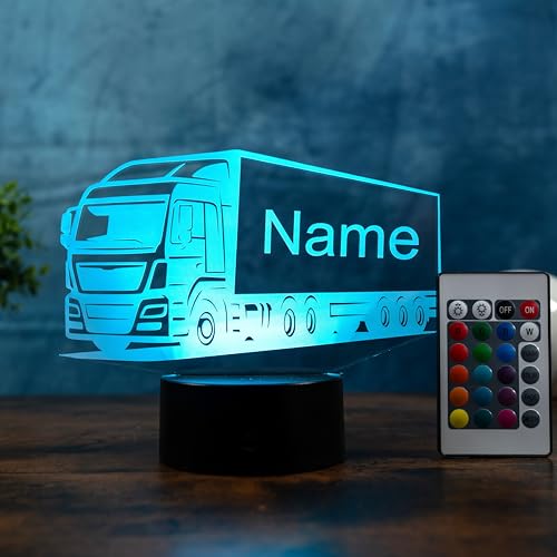 Personalisierte LKW Lampe – LED Nachtlicht mit Name & Gravur – Geschenkidee für LKW-Fahrer & Kinder – dimmbare Tischlampe mit Farbwechsel & Fernbedienung – Truck Deko fürs Wohnzimmer & Kinderzimmer