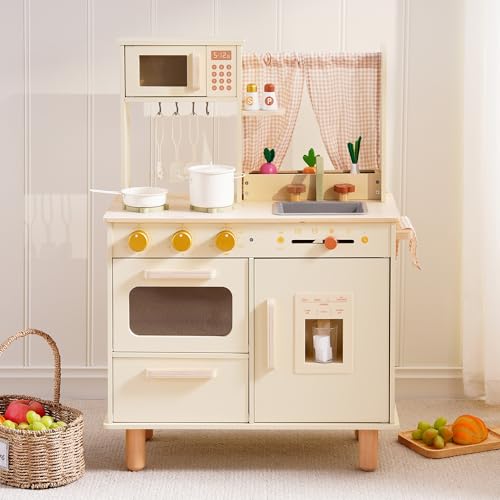 ROBUD Kinderküche aus Holz – Spielküche mit Kühlschrank, Eiswürfelspender, Backofen & Zubehör, Rollenspielküche für Kinder