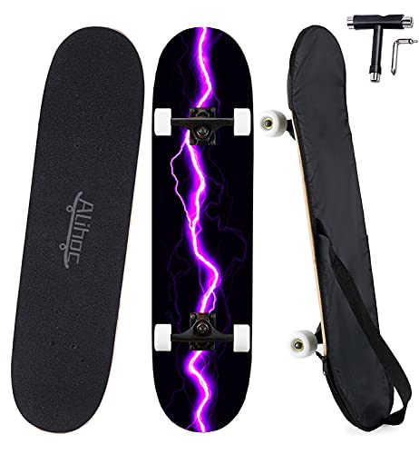 31-Zoll-Standard-Skateboard, 7 Lagen Ahorndeck, komplettes Skateboard, geeignet für Kinder, Jugendliche, Erwachsene, Anfänger und Profis, mit Einer maximalen Belastung von 150 kg-Purple Lightning