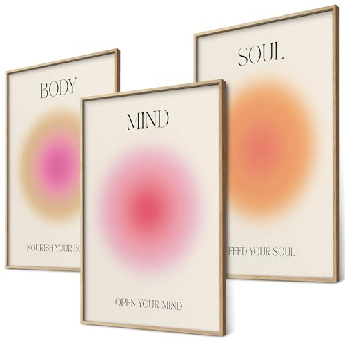 Mind Body Soul Poster Set Achtsamkeit Aura Farben Yoga Wanddeko Inspirierende Bilder Mindfulness Schlafzimmer Deko Wohnzimmer Dekoration Homeoffice Achtsamkeitsposter (3x A3 | Ohne Rahmen)
