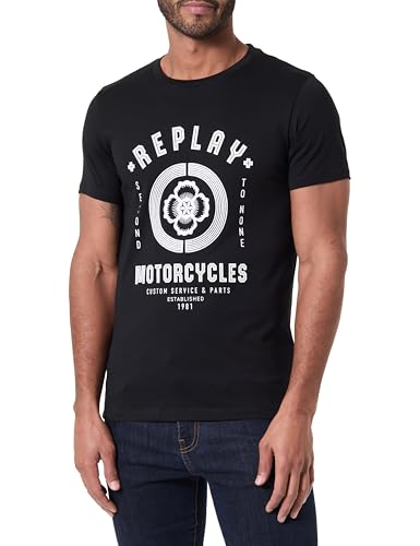 Replay Herren T-Shirt Kurzarm mit Branding, Black 098 (Schwarz), L