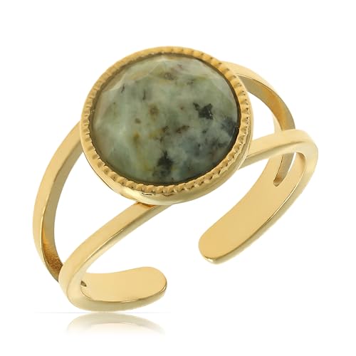 Made by Nami Boho Ring Gold Damen mit Edelstein Ring Verstellbar aus Chirurgischem Edelstahl 316 Geschenke für Frauen Wasserfester Schmuck (Grauer Stein)
