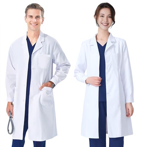 FAHAKO Laborkittel Damen Herren Arztkittel Weiß Kittel Baumwolle Labormantel Chemie Kittel mit Knöpfen und 3 Tasche Arzt Kostüm Langarm Arztmantel Schutzkleidung Arbeitskittel für Schüler Labor, M