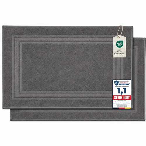 Komfortec Badvorleger Set 2 Teilig, Frottee Duschvorleger, Waschbar Duschmatte & Badteppich, 600 g/m² &100% Baumwolle, Saugfähig & Schnelltrocknend, 50 x 70 cm, Anhtrazit