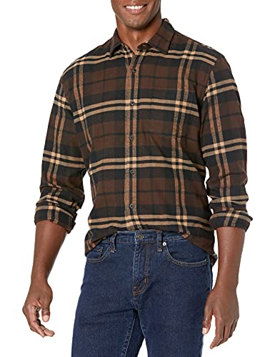 Amazon Essentials Herren Langarmhemd aus Flanell (in Übergröße erhältlich), Dunkelbraun Karomuster, L