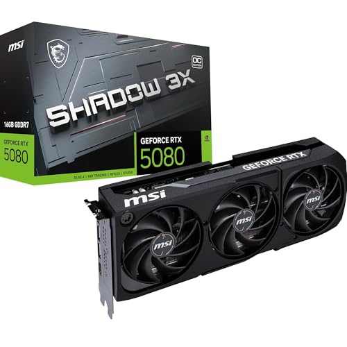 MSI GeForce RTX 5080 16G Shadow 3X OC — 16GB GDDR7 (30Gbps/256-bit), PCIe 5, Boost: 2640 MHz, HDMI 2.1b, DisplayPort 2.1b