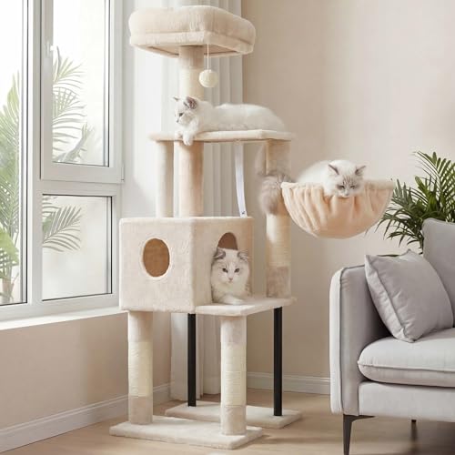 Heybly Kratzbaum, 125 cm Kleiner Katzenbaum, Geräumiges und Bequemes Kratzbaum mit Höhle, Oben Sitzstange, Sprungplattform, Kratzsäule, Korb, Stabile Metallrohre, Beige HCT200SM