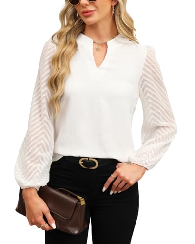 Atxnn Damen Blusen Spitze Langarm Oberteile Elegant Chiffon Tops V Ausschnitt Lässige Blusenshirt Arbeit Shirt Hemd für Frühling und Herbst, Weiss M