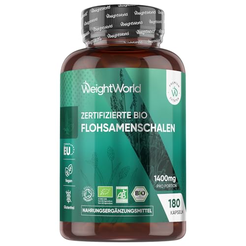 Bio Flohsamenschalen Kapseln 1400 mg pro Portion - 3 Monate Vorrat - 180 vegane Kapseln - Psyllium Husk - Glutenfrei & Ohne Gentechnik - Zertifiziertes Bio Flohsamenschalenpulver - WeightWorld
