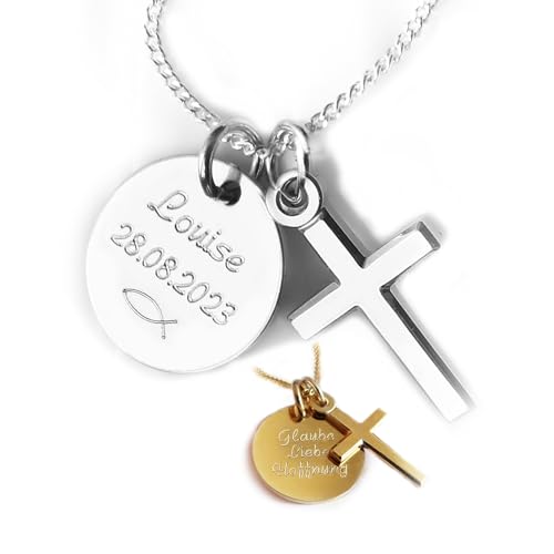 Kreuz Anhänger, Kette mit Gravur, Name, Spruch, 925 Silber oder vergoldet, Christliches Geschenk zum Geburtstag, Kommunion, Firmung