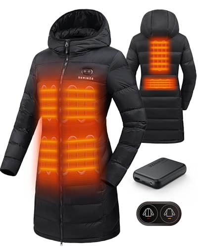 HEWINZE Beheizter Puffermantel mit Kapuze für Damen – elektrische Dual-Control-Heizjacke mit 7,4-V-Akku, EU-Mittel, Schwarz